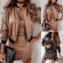 Fashion Contrast Color Long Sleeve Zipper Artificial Leather PU Crop Jacket