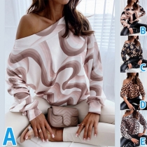 Fashion Printed One-shoulder Long Sleeve Shirt