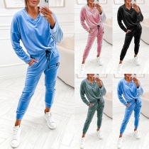 Casual Solid Color Two-piece Set Consist of V-neck Shirt and Drawstring Pants