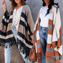 Fashion Contrast Color Stripe Printed Tassle Cardigan Shawl