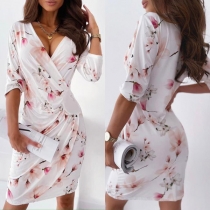 Fashion Floral Printed V-neck Long Sleeve Ruched Irregular Hemline Bodycon Dress