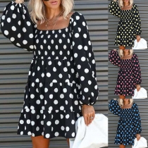 Casual Polka-dot Printed Squared Neck Long Sleeve Mini Dress