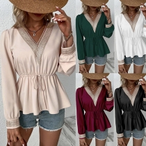 Fashion Lace Spliced V-neck Long Sleeve Drawstring Shirt