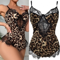 Moderiktig Leopardmönstrad Spetskantad V-ringad Underklädes Bodysuit