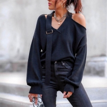 Sexy Long Sleeve Open Shoulder Halter Buckle Shirt