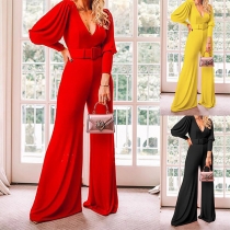 Fashion Solid Color V-neck Long Sleeve Wide-leg Jumpsuit with Belt