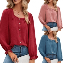 Casual Solid Color Long Sleeve U-shape Neck Shirt