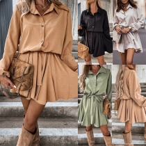 Fashion Solid Color Stand Collar Long Sleeve Self-tie Mini Dress