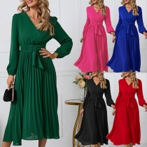 Elegant Solid Color V-neck Long Sleeve Pleated Dress with Belt