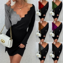 Stylish Wave V-neck Long Sleeve Contrast Color Bodycon Dress