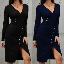 Fashion Solid Color V-neck Buttoned Slit Bodycon Dress