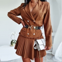Elegant Notch Lapel Doube Breasted Pleated Dress (without Belt)