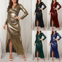 Fashion Bling-bling V-neck Long Sleeve Slit Party Dress