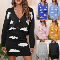 Fashion Knitted Cloud Pattern Two-piece Set Consist of Cardigan and Skirt