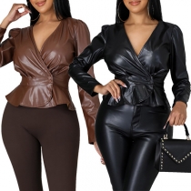 Sexy Solid Color Long Sleeve V-neck Ruffle Hemline Artificial Leather PU Wrap Shirt