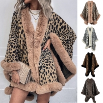 Fashion Leopard Printed Plush Spliced Cape Cardigan