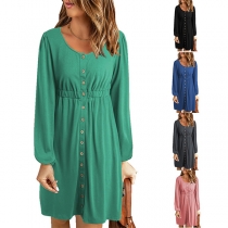 Casual Solid Color Long Sleeve Round Neck Mini Dress
