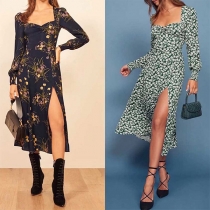 Fashion Floral Printed Sweatheart Neck Long Sleeve Slit Dress