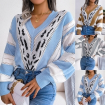 Fashion Leopard Contrast Color V-neck Long Sleeve Knitted Shirt