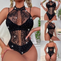 Sexig Bodysuit med Bling-bling-spets och halterneck med urringning