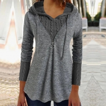 Casual Contrast Color Knit Spliced Drawstring Hooded Zipper Sweatshirt