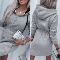 Fashion Solid Color Half-zipper Long Sleeve Kangaroo Pockets Hoodie Dress