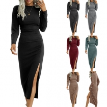 Elegant Solid Color Round Neck Long Sleeve Slit Bodycon Dress