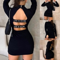 Sexy Mock Neck Long Sleeve Backless Bodycon Dress