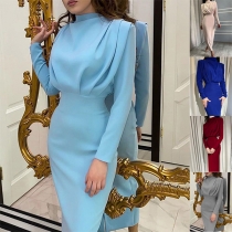 Fashion Solid Color Mock Neck Long Sleeve Slit Bodycon Dress