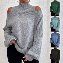 Mode Enfärgad Mock-neck Öppen axel långärmad stickad tröja