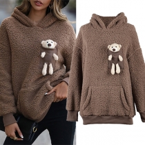 Fashion Plush Long Sleeve Hooded Sweatshirt with Bear Decoration