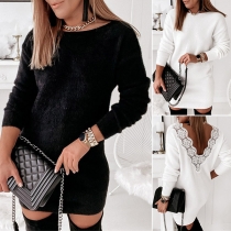 Fashion Solid Color Round Neck Lace Spliced Backless Dress