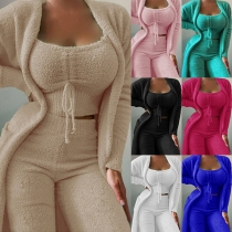 Fashion Plush Three-piece Set Consist of Cardigan, Crop Top, and Pants