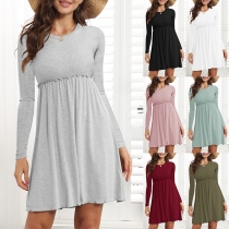 Casual Solid Color Round Neck Long Sleeve Ruffled Mini Dress