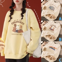 Casual Cartoon Printed Round Neck Long Sleeve Plush Lined Sweatshirt