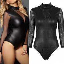 Sexig halvgenomskinlig gasväv med skarvad dragkedja V-ringad konstläder PU Underkläder Bodysuit.