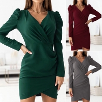 Fashion Solid Color V-neck Puff Sleeve Irregular Hemline Bodycon Dress