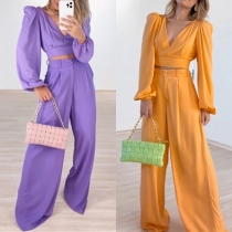 Fashion Two-piece Set Consist of V-neck Crop Top and Wide-leg Pants