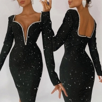 Sexy Bling-bling Rhinestone Plunge V-neck Bodycon Party Dress