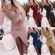 Sexy Solid Color Ruched V-neck Slit Irregular Hemline Party Dress