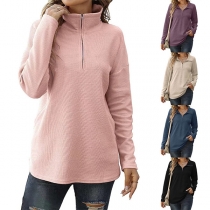 Casual Solid Color Half-zipper Stand Collar Long Sleeve Shirt