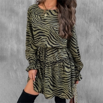 Casual Zebra Printed Round Neck Long Sleeve Self-tie Dress