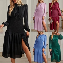 Elegant Mock Neck Long Sleeve Smocked Slit Midi-dress