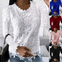 Fashion Round Neck Long Sleeve Lace Shirt