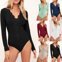 Sexy Lace Spliced V-neck Long Sleeve Bodysuit
