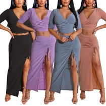 Fashion Solid Color Drawstring Two-piece Set Consist of Crop Top and Slit Skirt
