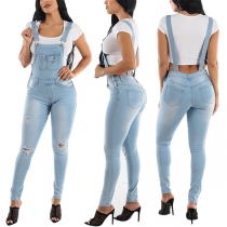 Mode-gammaltvättad Distressed Slim Fit Denim Suspender Jumpsuit