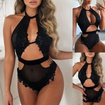 Sexy Lace Spliced Cutout Halter Lingerie Bodysuit