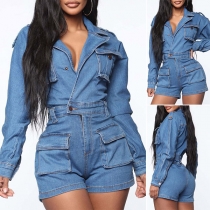 Fashion Old-washed Lapel Long Sleeve Denim Romper