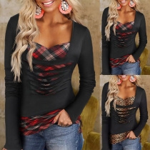 Fashion Square Neck Plaid Distressed Long Sleeve Fake Two-piece Shirt